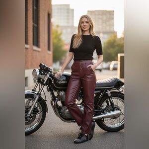 Commense Burgundy Faux Leather High-Waist Wide-Leg Pants Size XS NWT